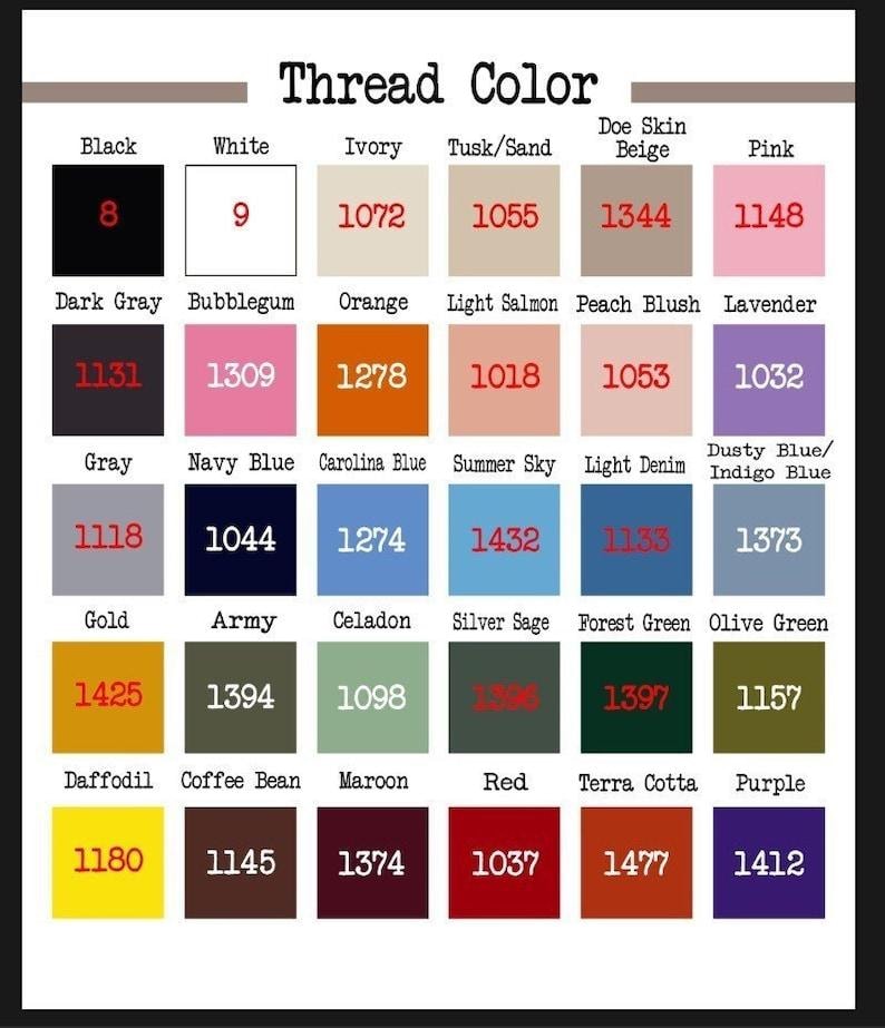 Op de afbeelding: Een kaart met garenkleuren en bijbehorende nummers. De kleuren omvatten zwart, wit, ivoor, zand/beige, geitenvacht beige, roze, donkergrijs, bubblegum, oranje, licht zalm, perzikroze, lavendel, grijs, marineblauw, carolina blauw, zomerlucht, licht denim, stofvlekken blauw/indigo blauw, goud, leger, celadon, zilver salie, bosgroen, olijfgroen, narcissen, koffieboon, maroen, rood, terracotta en paars.