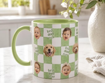 Personalized Dad Baby Photo Mug, Custom Retro Checker Cup, Gift for Dad, Grandpa, Papa 1