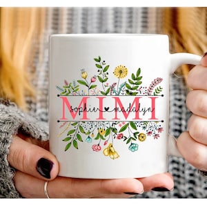 Personalized Grandma Mug, Grandma Wildflower Mug, Floral 11oz Ceramic Mug for Mimi Mom, Mom Custom Kidnames Floral Mug, Wildflower Nana Mug