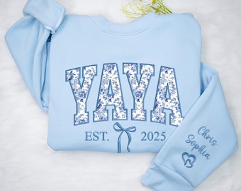 Personalized Embroidered Yaya Sweatshirt, Custom Floral Applique Grandma Sweater, Yaya Shirt Hoodie, New Grandma Gifts