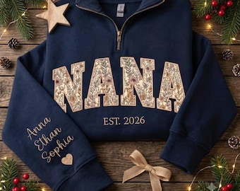 Personalized Floral Embroidered Nana Quarter Zip Sweatshirt, Custom Mama Grandma Sweatshirt for Mothers Day Christmas