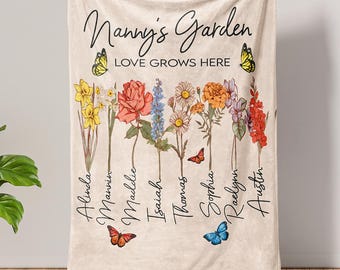Personalized Nanny's Garden Blanket, Custom Birth Month Flower Blanket, Mother’s Day Gift for Grandma Nana, Blanket with Grandkid Names