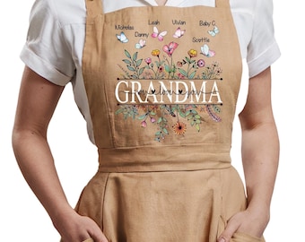 Custom Grandma Linen Apron for Women, Nana Wildflower Apron, Kitchen Baking Apron, Grandma Cooking Apron with Pocket, Cookie Baker Gift