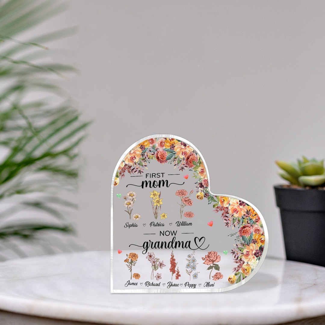 Custom First Mom, Now Grandma Heart Acrylic Plaque, Custom Birth Month ...