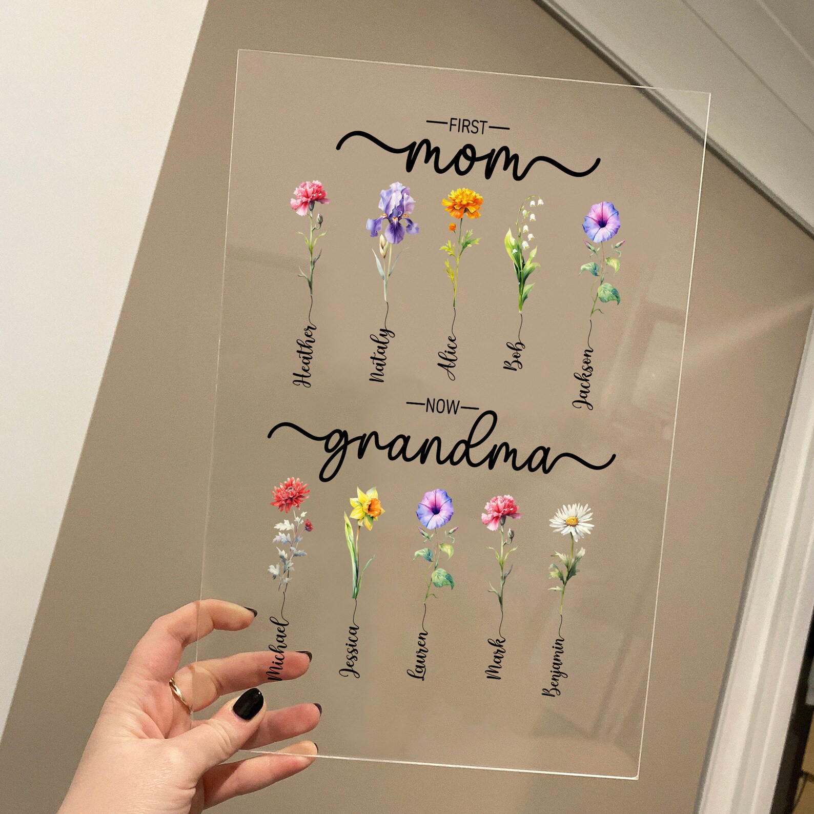 Custom First Mom Now Grandma Acrylic Plaque, Nana Birth Month Flower ...