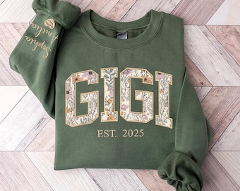 Custom Embroidered Gigi Sweatshirt, Gigi Floral Applique Sweatshirt, Gigi Sweater with Kids on Sleeve, Personalized Gift for Gigi Grandma