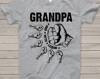 Personalized Grandpa Shirt, Custom Grandpa Tee Shirt Kids Grab Papa Hands Fist Bump Shirt Custom Kid names Gift for Grandpa Papa Father Pop