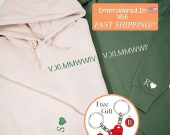 Custom Anniversary Date Couple Hoodies, Roman Numeral Embroidered Matching Hoodie, Boyfriend Gift, Custom Initials with Heart Sleeve Jumper