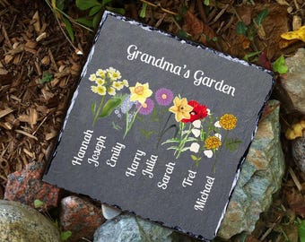 Personalized Grandma's Garden Stone, Custom Garden Birthflowers Stone with Kids Name, Gifts for Grandma, Yard Decor, Outdoor Home Decor