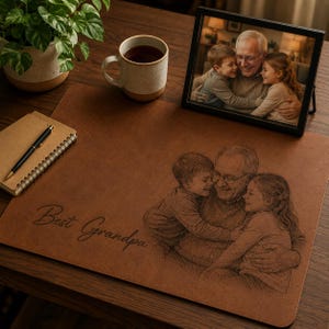 May include: A brown desk mat with the words "Best Grandpa" and a pencil sketch of a grandfather hugging two grandchildren. A framed photo of the same scene sits nearby, along with a mug of tea and a notepad.