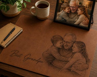 Personalized Dad Photo Leather Desk Mat, Custom Sketch Art Mouse Pad, Father’s Day Gift for Daddy, Papa, Grandpa