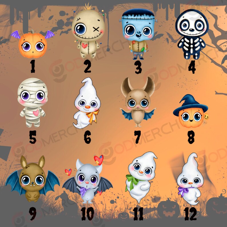 K&ouml;nnte beinhalten: Zw&ouml;lf illustrierte Halloween-Charaktere, darunter ein K&uuml;rbis, ein Geist, eine Mumie, eine Fledermaus, ein Frankenstein, ein Skelett und eine Voodoo-Puppe. Jeder Charakter ist von 1 bis 12 nummeriert.