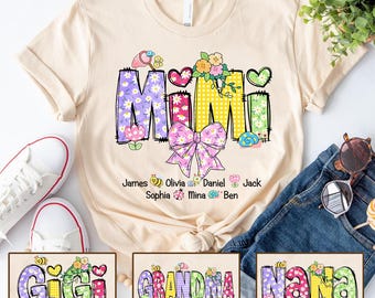 Personalized Mimi Bow Spring Shirt, Custom Nickname and Grandkids' Names T-Shirt, Cute Floral Grandma Tee, Gift for Mimi, Mother's Day Gifts