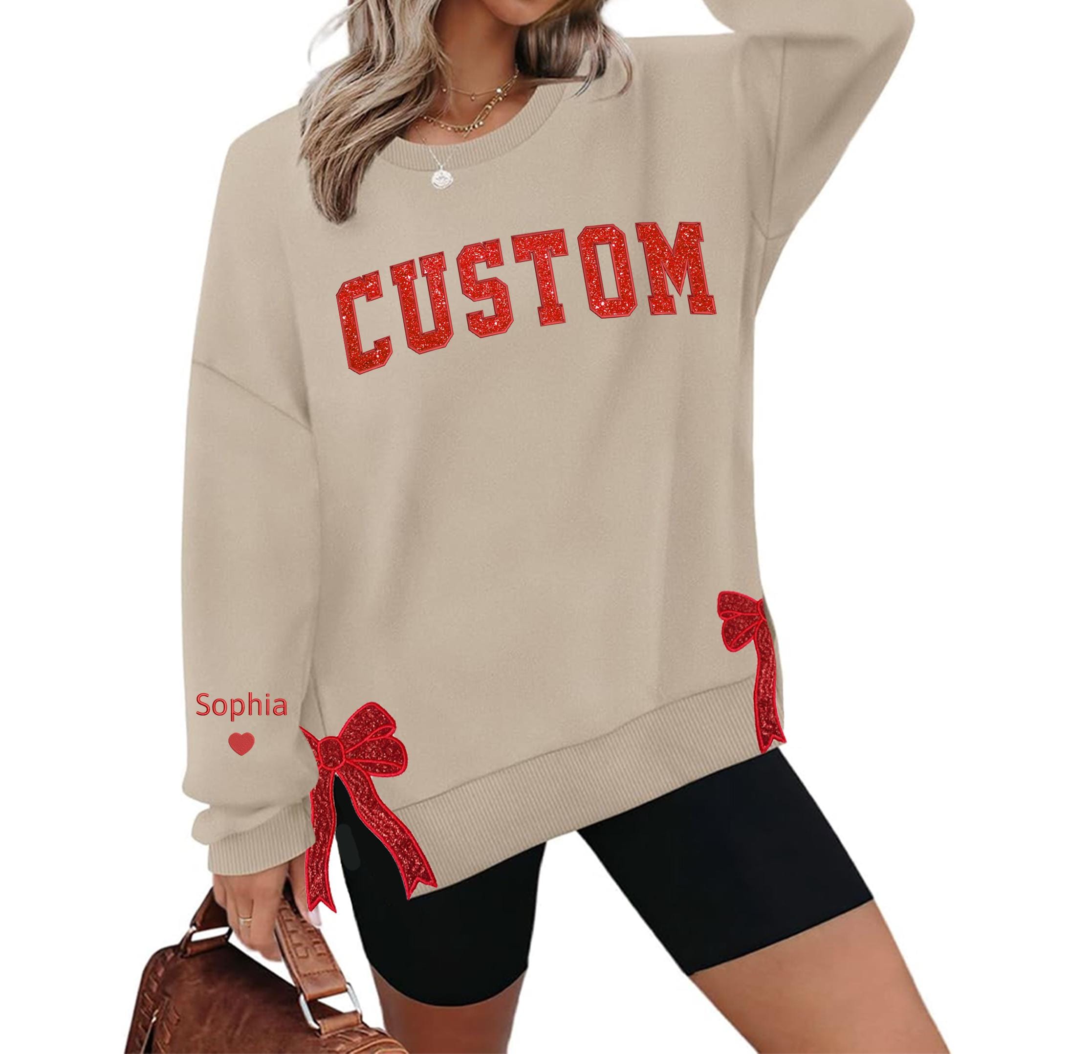Custom Glitter Embroidered Side Bow Sweatshirt, Custom Trendy Side Bow Sweatshirt, Trendy Coquette Shirt, Custom Sweater, Personalized Gifts