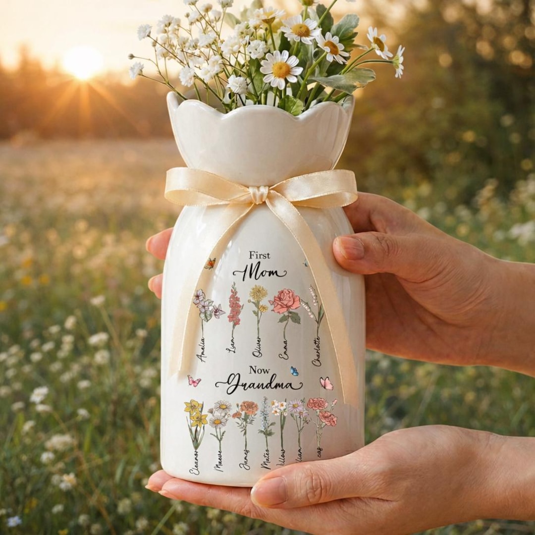 Custom First Mom Now Grandma Ceramic Flower Vase, Birth Month Flower ...