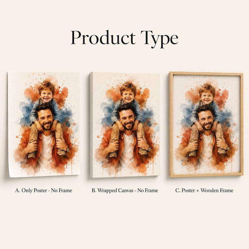 May include: The image showcases three product options: a poster, a wrapped canvas, and a poster with a wooden frame. Each features a watercolor-style illustration of a father carrying a child on his shoulders, with blue and orange accents. The text "Product Type" is at the top.