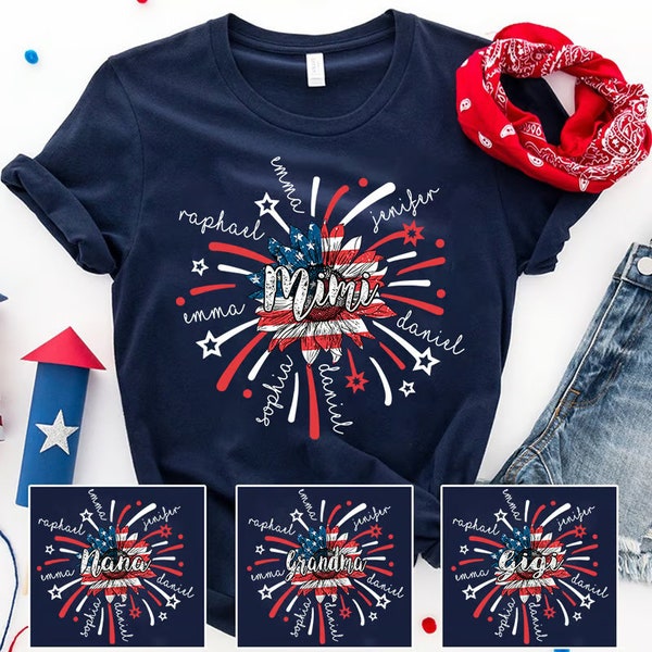 4th of July Mimi T Shirt, Custom Grandma Shirt with Kids names shirt, Patriotic 4th of July Firecrackers Tee Shirt for Independence Day