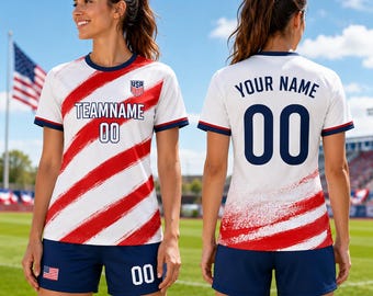 Personalized Women Soccer Jersey USA, Custom Name Number Shirt, Patriotic USA Sports Tee, Soccer Fan Gift