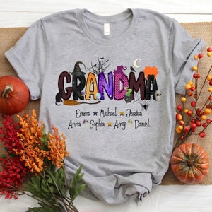 Personalized Grandma Halloween Shirt, Halloween Theme Shirt with Doodle Alphabet Witch Patterns, Custom Mimi Nana Grandma Mom Shirt