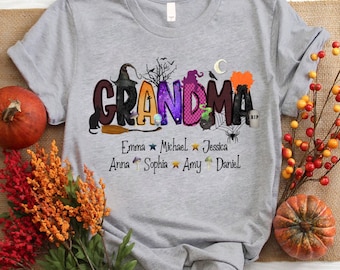 Personalized Grandma Halloween Shirt, Halloween Theme Shirt with Doodle Alphabet Witch Patterns, Custom Mimi Nana Grandma Mom Shirt