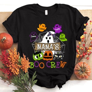 Personalized Nana Halloween Shirt, Custom Nickname Nana Mimi Tee for Autumn, Halloween Theme Tee with Kidnames, Nana Boo Crew Halloween Tee