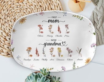 Personalized Birth Month Flower Grandma Platter, First Mom Now Grandma Platter, Nana With Grandkids, New Grandma Gift, Mother's Day Gift