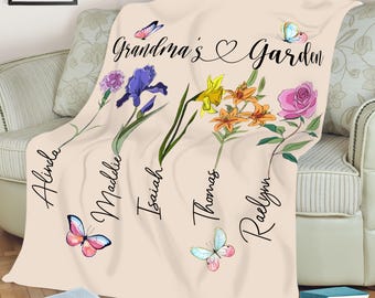 Personalized Grandma’s Garden Blanket, Custom Birth Month Flower Blanket, Mother’s Day Gift for Grandma Nana, Blanket with Grandkid Names