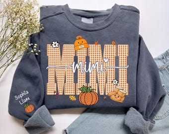 Personalized Fall Gingham Pumpkin Mimi and Kids Sweatshirt, Custom Mimi Fall Sweatshirt and Grandkids Names On Sleeve, Grandma Pumpkins