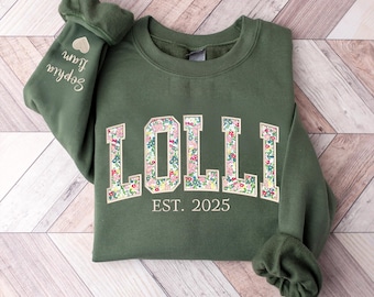 Embroidered Lolli Sweatshirt: Personalized Floral Applique Sweater, Lolli Hoodie, New Grandma Gifts