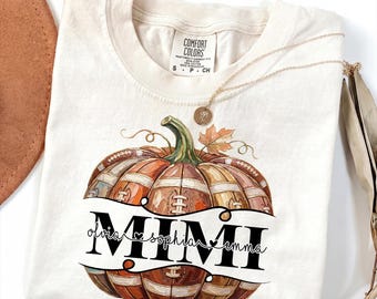Mimi Comfort Colors Pumpkin Sweatshirt, Personalized Grandchildren Names Football Crewneck, Custom Fall Thanksgiving Gift for Mimi