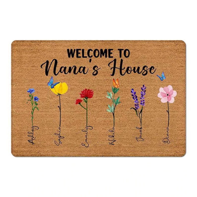 Personalized Grandma Doormat, Mom Doormat Gift Floral Doormat art House Decor Welcome To Nana‘s House Watercolor Flower Personalized Doormat image 2