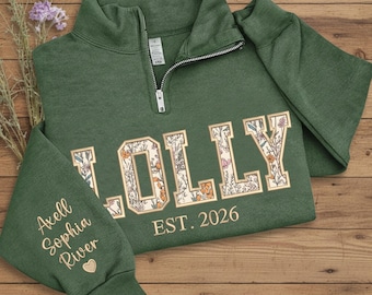 Custom Embroidered Lolly Sweatshirt, Grandma Floral Applique Quarter Zip Sweatshirt, Lolly Sweater, Gift For New Grandma, Mother's Day Gift