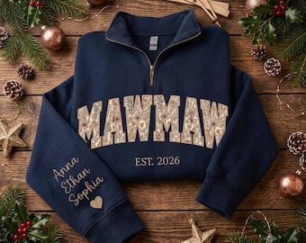 Personalized Floral Embroidered Mawmaw Quarter Zip Sweatshirt, Custom Mama Grandma Sweatshirt for Mothers Day Christmas