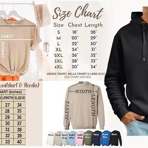 Pode incluir: Uma tabela de tamanhos para vestu&aacute;rio com uma t-shirt bege com linhas de medi&ccedil;&atilde;o de peito e comprimento, um capuz preto e uma camisola bege com linhas de largura, comprimento e manga. Tabelas listam tamanhos de S a 4XL em polegadas.