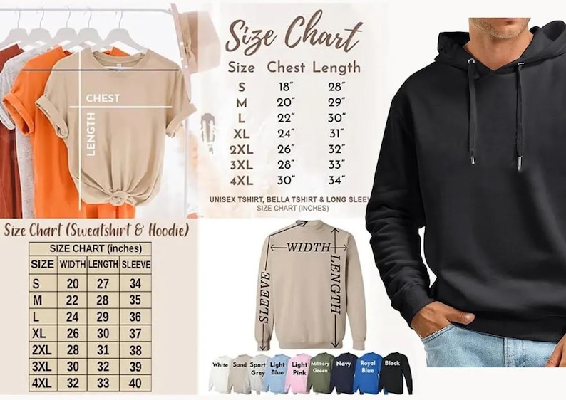 Pode incluir: Uma tabela de tamanhos para vestu&aacute;rio com uma t-shirt bege com linhas de medi&ccedil;&atilde;o de peito e comprimento, um capuz preto e uma camisola bege com linhas de largura, comprimento e manga. Tabelas listam tamanhos de S a 4XL em polegadas.