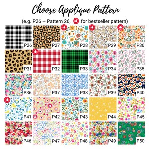 May include: A grid of twenty-five fabric swatches labeled P26 through P50, featuring various patterns including black and white plaid, leopard print, and diverse floral designs. The text at the top reads Choose Applique Pattern with instructions.