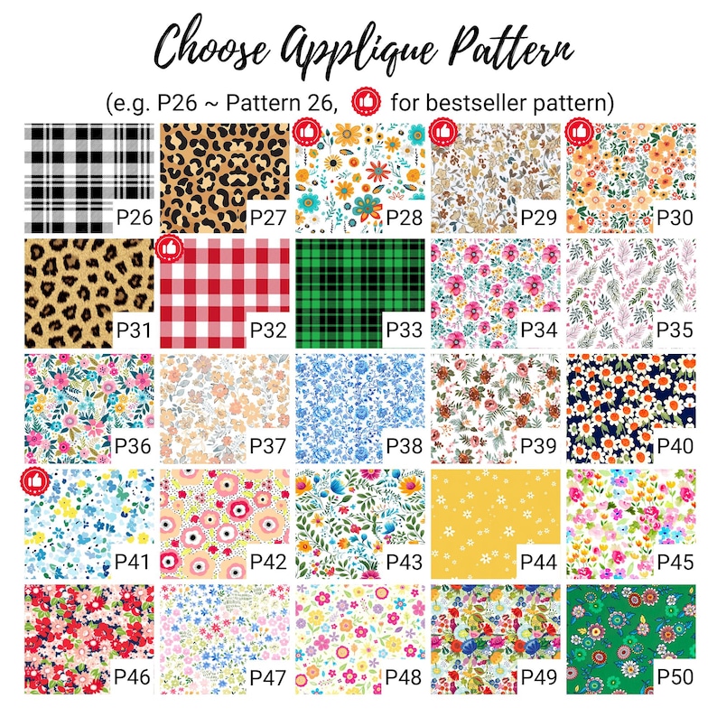 May include: A grid of twenty-five fabric swatches labeled P26 through P50, featuring various patterns including black and white plaid, leopard print, and diverse floral designs. The text at the top reads Choose Applique Pattern with instructions.