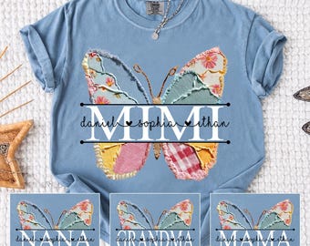 May include: A light blue t-shirt featuring a colorful butterfly design. The butterfly wings are made of patchwork fabric in various patterns and colors. The word "MIMI" is centered, with names below. Additional designs include "NANA", "GRANDMA", and "MAMA".