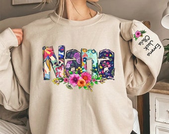 Personalized Nana Floral Sweatshirt, Flower Grandma Sweatshirt With Kids Name On Sleeve, Birthday Mimi Gifts, Mom Sweatshirt For Fall Autumn