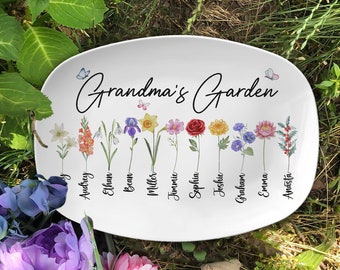 Birth Month Flower Grandma's Garden Platter, Mother's Day Gift, Platter Gift For Mimi, Mom Floral Plate, Gigi Gift, Gift from Grandkids