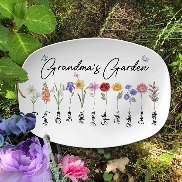 Birth Month Flower Grandma's Garden Platter, Mother's Day Gift, Platter Gift For Mimi, Mom Floral Plate, Gigi Gift, Gift from Grandkids