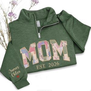 Personalized Embroidered Mom Sweatshirt, Mom Patchwork Applique Zip Sweatshirt, Mama Sweater with Kids on Sleeve, Custom Grandma Mom Gifts
