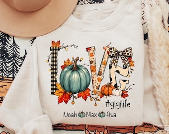 Custom Gigi Thanksgiving Crewneck, Personalized Grandchildren Names Fall Sweatshirt, GigiLife Love Pumpkin Shirt, Cozy Autumn Gift for Gigi