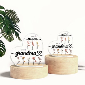 Custom First Mom Now Grandma Heart Acrylic Plaque,birth Month Flower ...