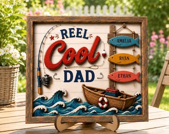 Custom Reel Cool Dad and Kids Names Fishing - Personalized 2 Layer Wooden Plaque - Father’s Day Gift For Dad, Grandpa, Fishing Dad Gift
