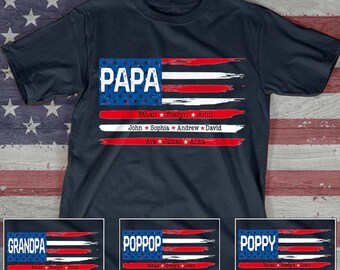 Personalized Papa Shirt Flag with grandkids, Happy Father's Day T-Shirt, Shirt for Grandpa Pop pop from Grandkids up to 25 kids