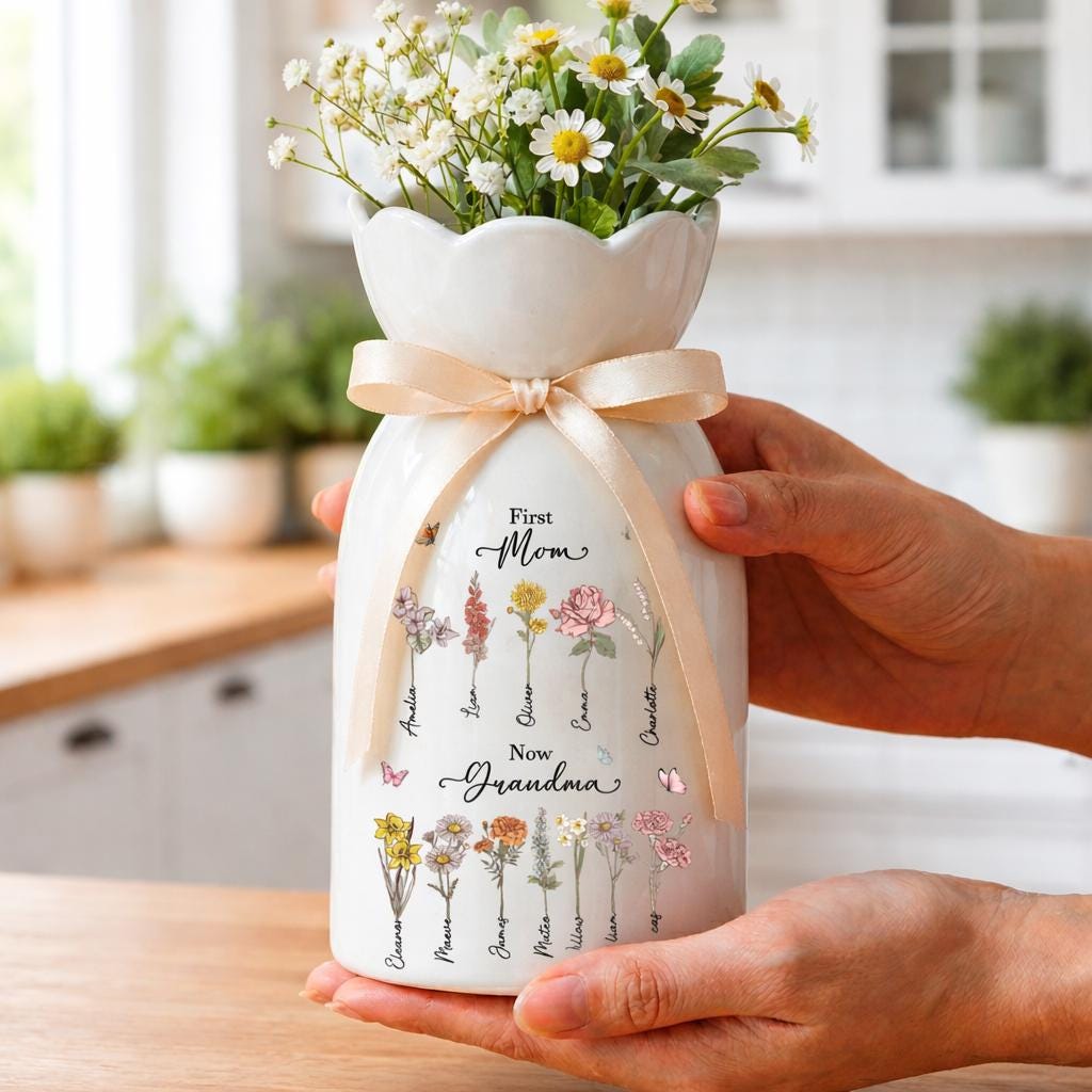 Custom First Mom Now Grandma Ceramic Flower Vase, Birth Month Flower ...