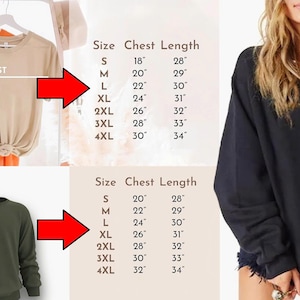 May include: A size chart for apparel featuring a beige t-shirt and an olive green sweatshirt with corresponding chest and length measurements in inches for sizes S through 4XL, alongside a black long-sleeve sweatshirt worn by a person.