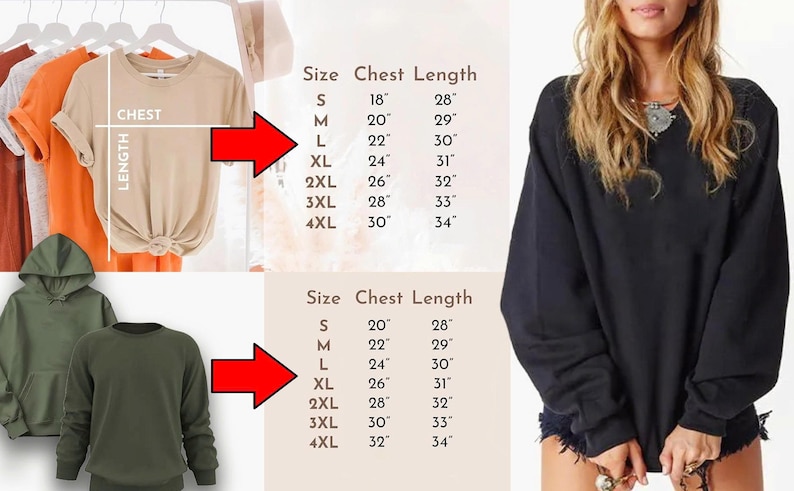 May include: A size chart for apparel featuring a beige t-shirt and an olive green sweatshirt with corresponding chest and length measurements in inches for sizes S through 4XL, alongside a black long-sleeve sweatshirt worn by a person.