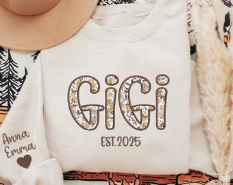 Custom Gigi Sweatshirt Embroidered, Gigi Floral Applique Sweatshirt With Grandkids Name On Sleeve, New Gigi To Be, Birthday Gift for Gigi